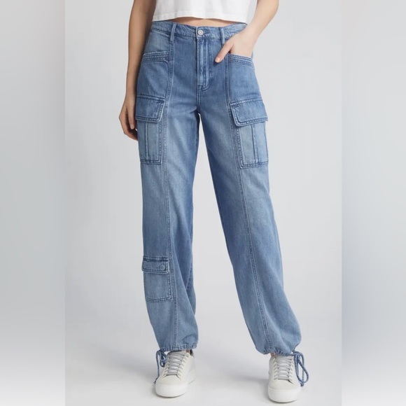 Drawstring Cuff Straight Leg Cargo Jeans - Picture 1 of 10